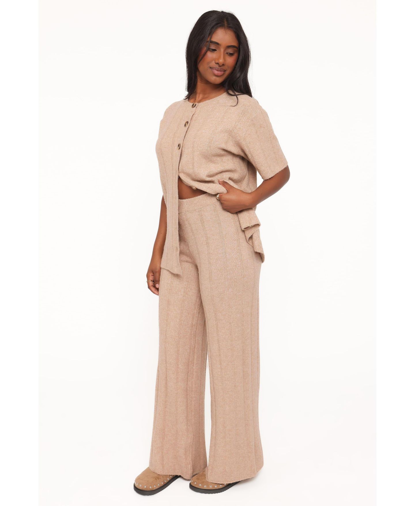 Женский комплект Petal and Pup Wallace Wide-Leg Ribbed Short-Sleeve Top and Pants, 2-Piece Set, цвет: Светлый бежевый — фото 4