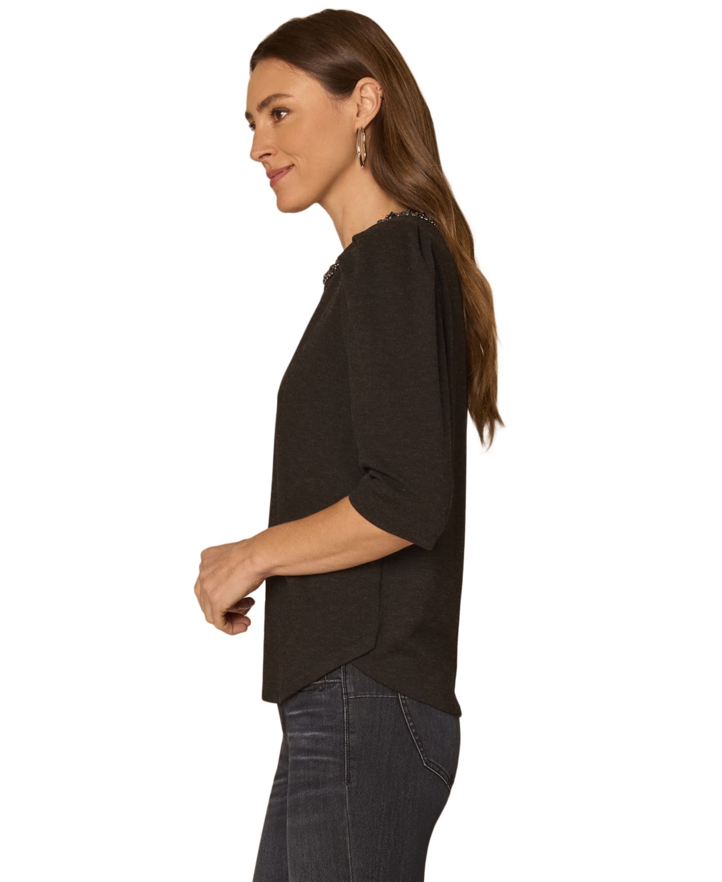 Женская блузка Democracy Petite Scoop-Neck Rhinestone Elbow-Length Sleeve Blouse, цвет: Чёрный — фото 2