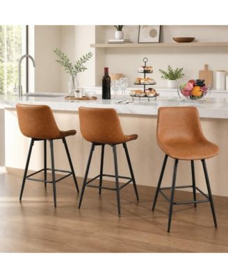 Set of 3 24" Counter Height Bar Stools with Backs, Faux Leather Upholstery and Metal Legs for 34"-38" Kitchen Counters