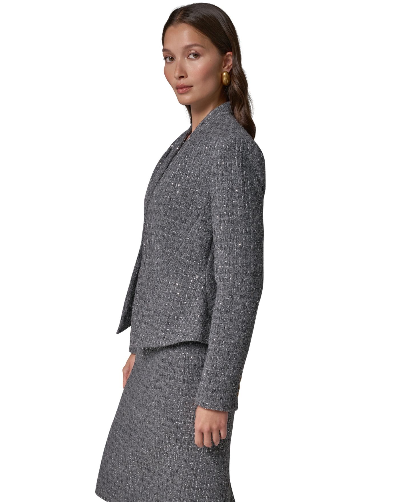 Женский укороченный пиджак Donna Karan New York с баской и пайетками, цвет: Средний угольный — фото 4