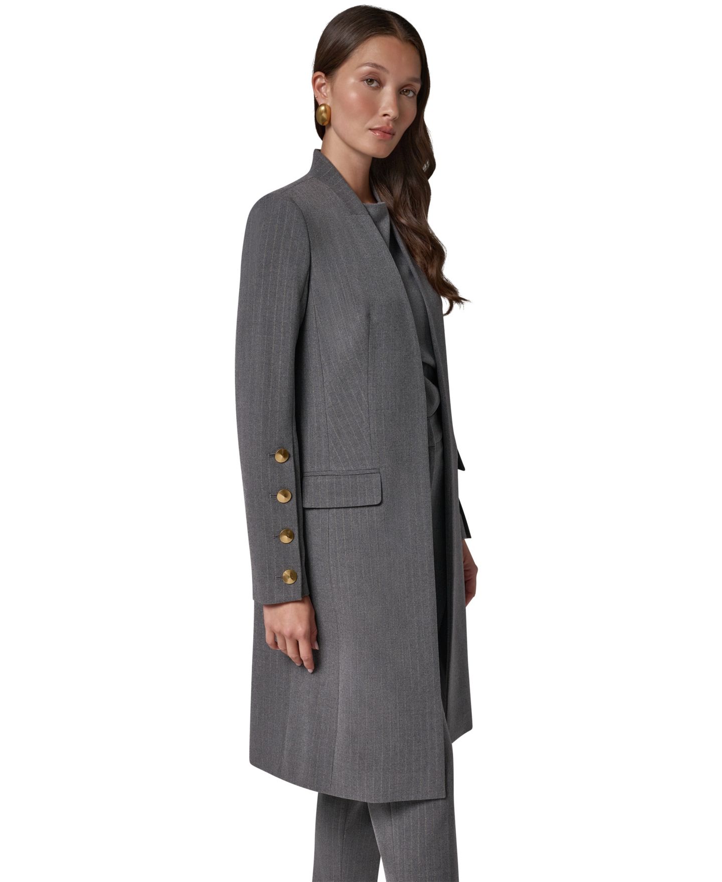 Женская удлинённая куртка Donna Karan New York в тонкую полоску на подкладке, цвет: Светлый меланжевый серый — фото 4