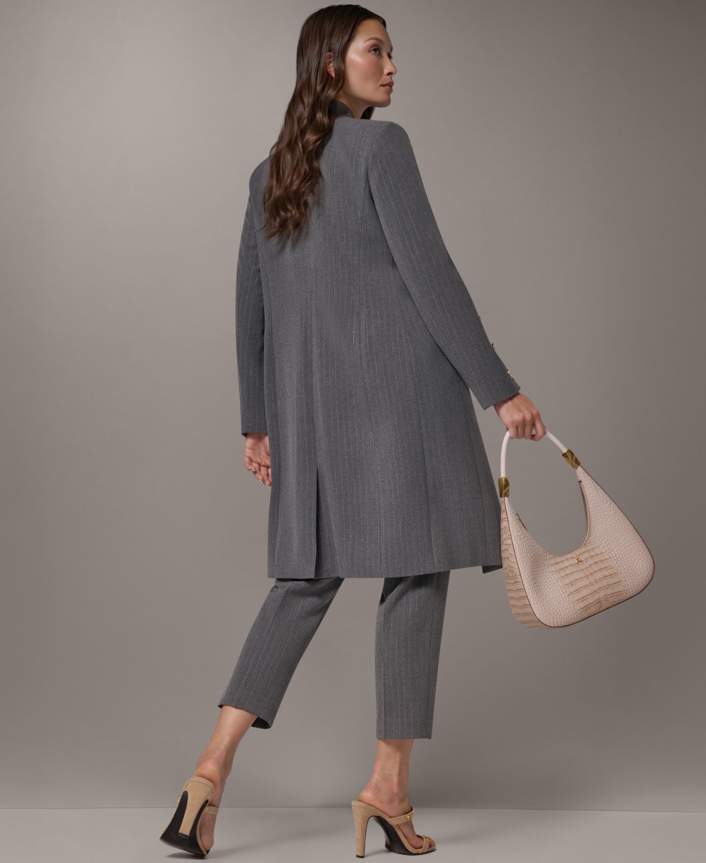 Женская удлинённая куртка Donna Karan New York в тонкую полоску на подкладке, цвет: Светлый меланжевый серый — фото 13