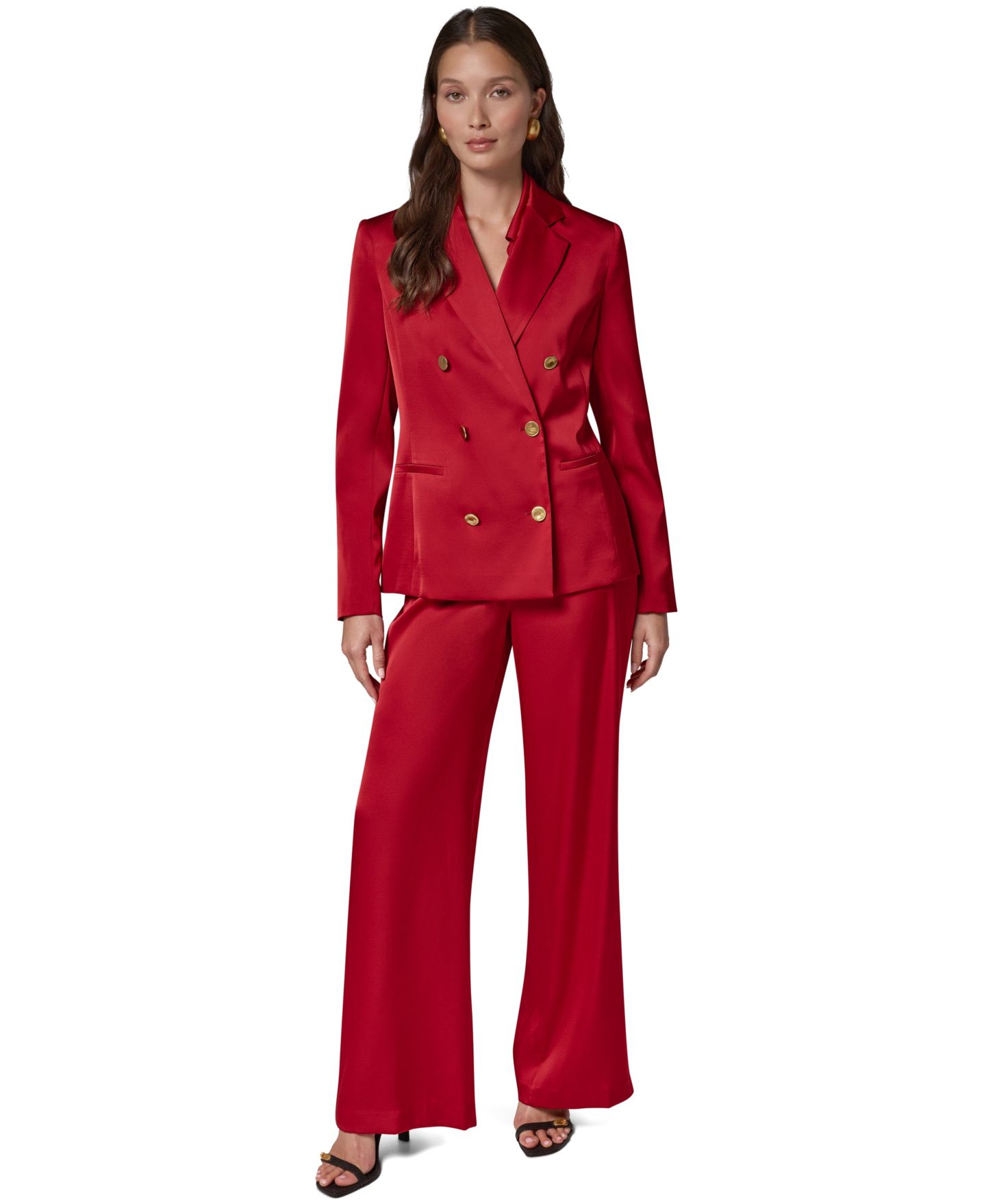 Женский двубортный атласный блейзер Donna Karan New York с плечевыми накладками, цвет: Красный бархатный — фото 2