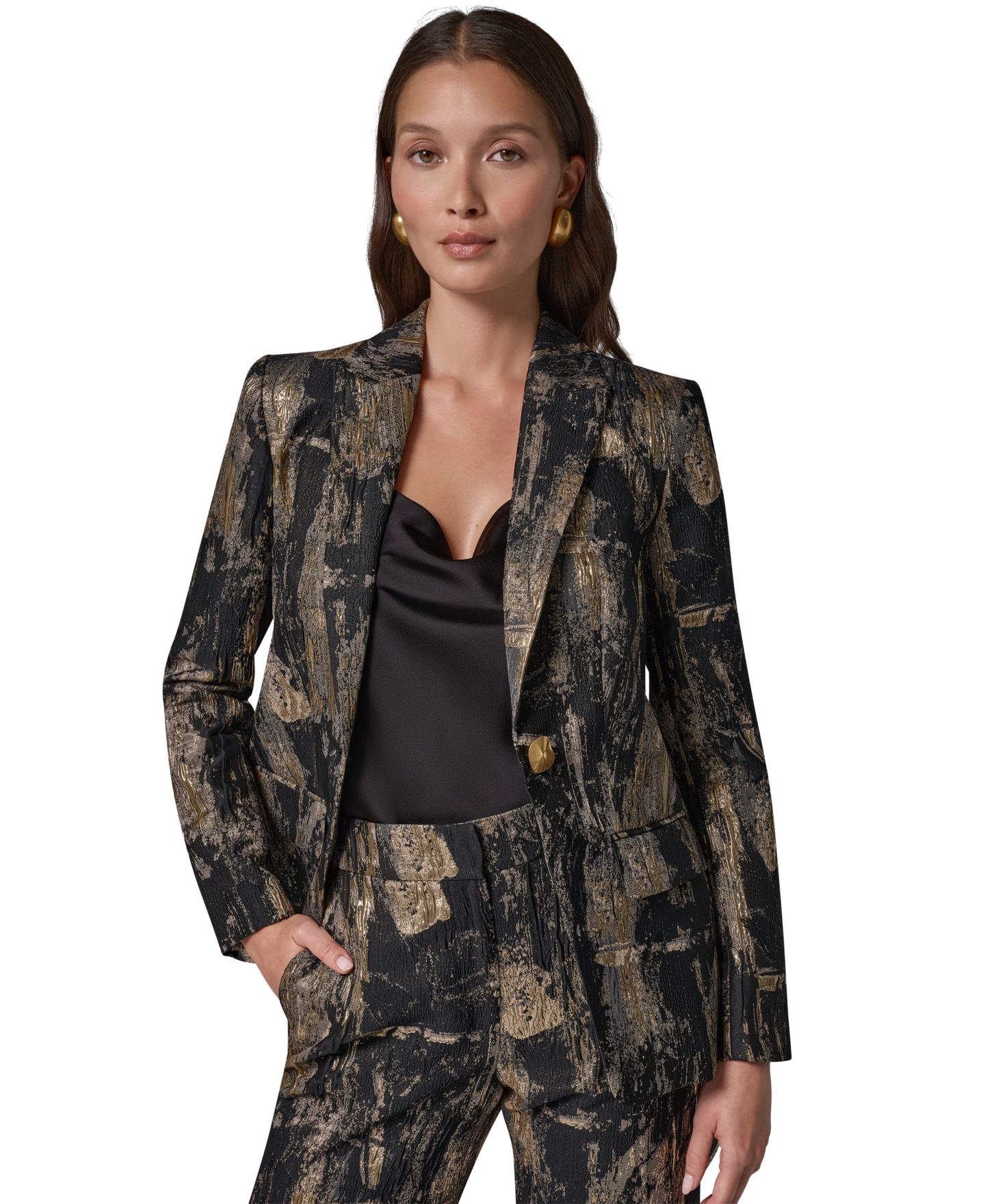 Женский блейзер Donna Karan New York с острыми лацканами и подплечниками, Brushstroke, цвет: Чёрный разноцветный — фото 7