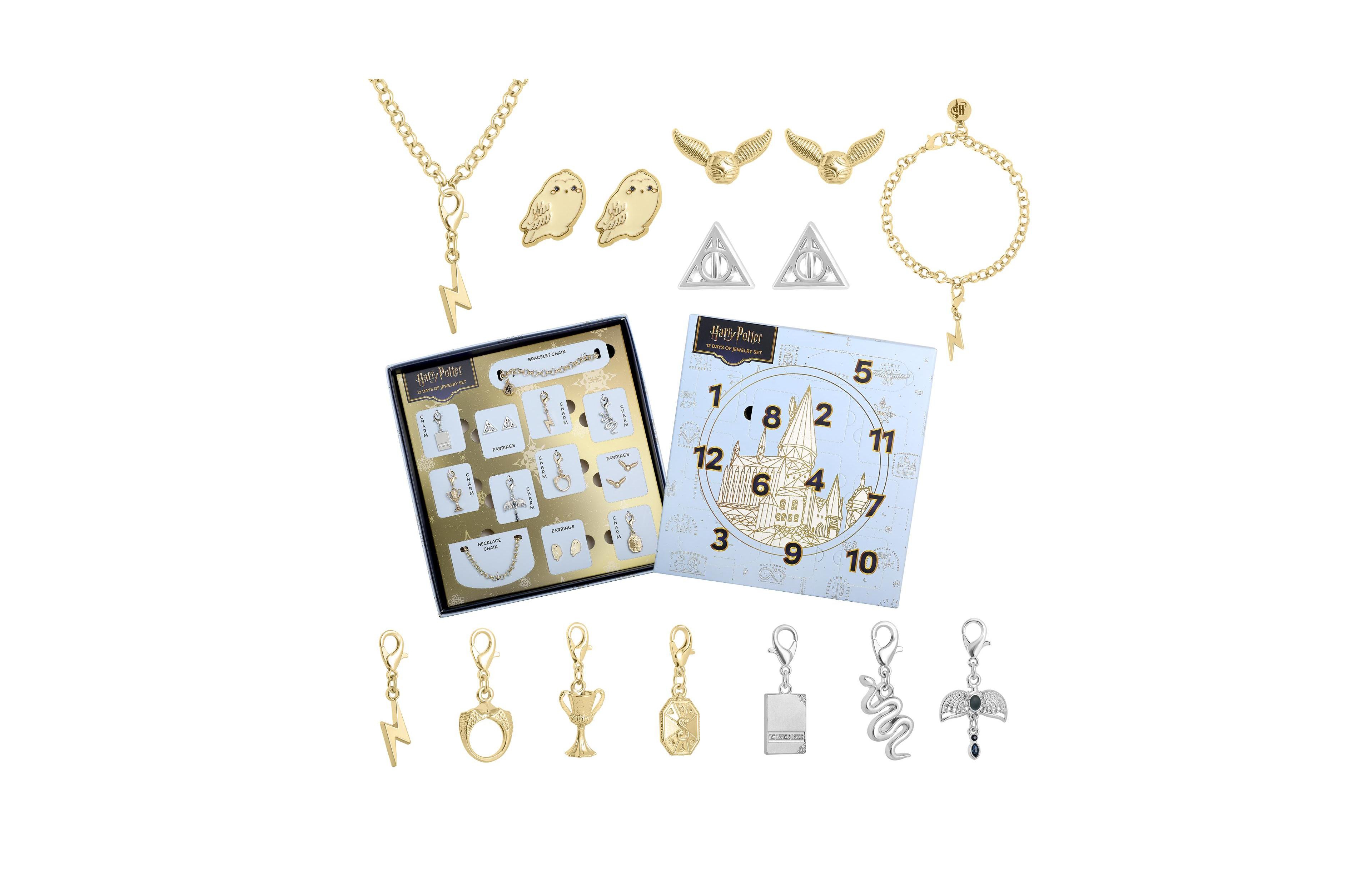 Harry Potter Advent Calendar Jewelry Set with Stud Earrings, Necklace, Bracelet, and Charms, 12-Piece Set