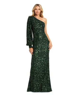 Women's Sequined One Shoulder Bishop Sleeve Trumpet Gown