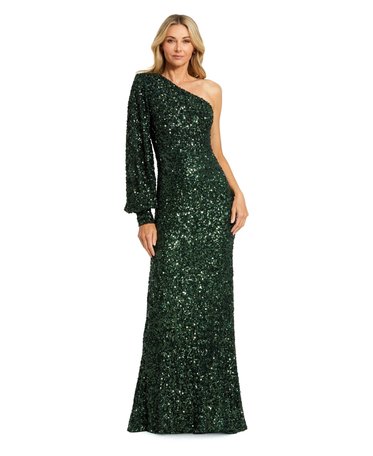 Ieena for Mac Duggal - Emerald Green Sequined One Shoulder Bishop Sleeve Trumpet Gown - US 16