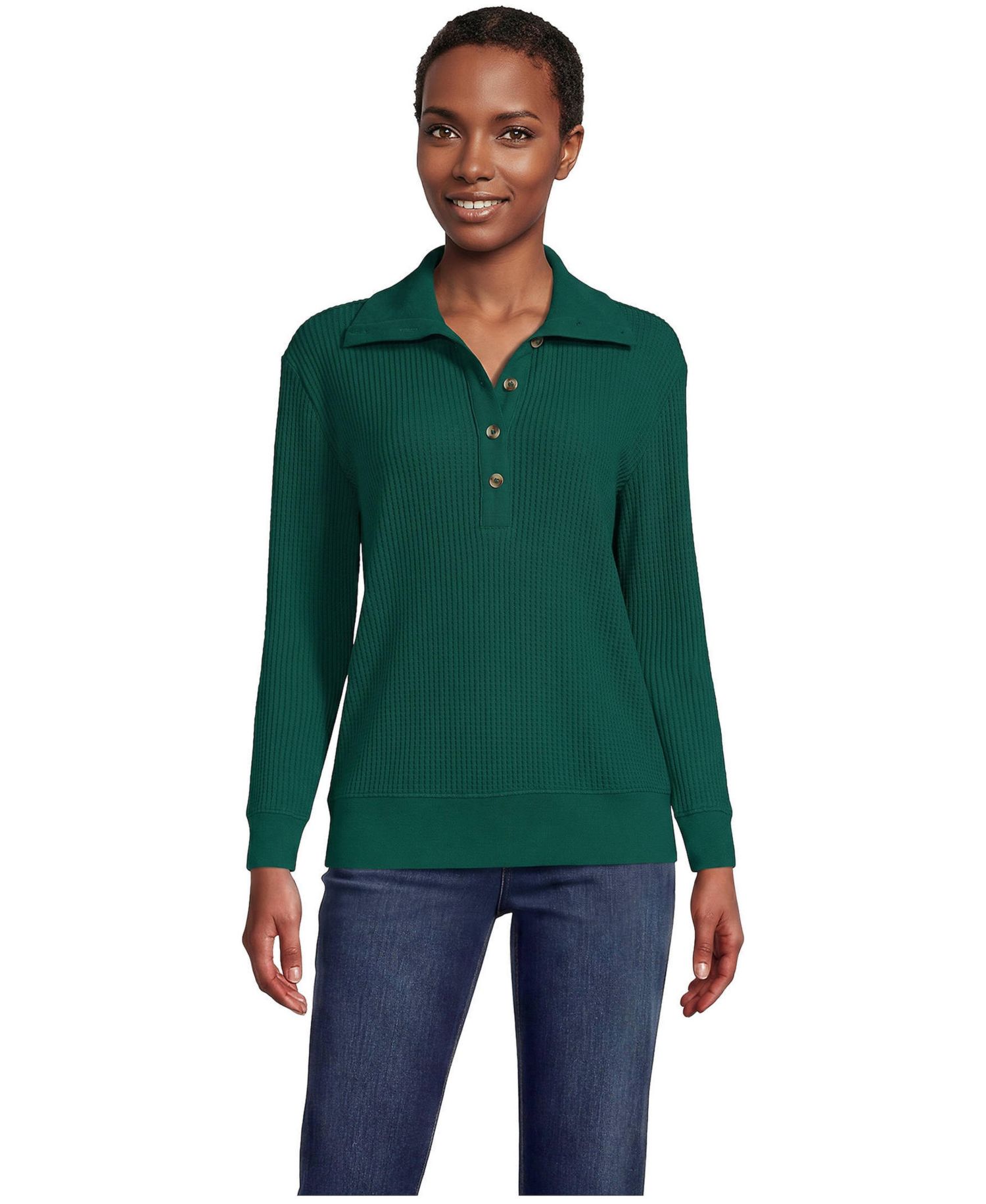 Women's Waffle-Knit Button-Up Long-Sleeve Henley Top