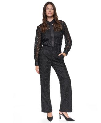 Women's Floral Lace Sheer Long-Sleeve Button-Down Blouse & Floral Lace Straight-Leg Pants