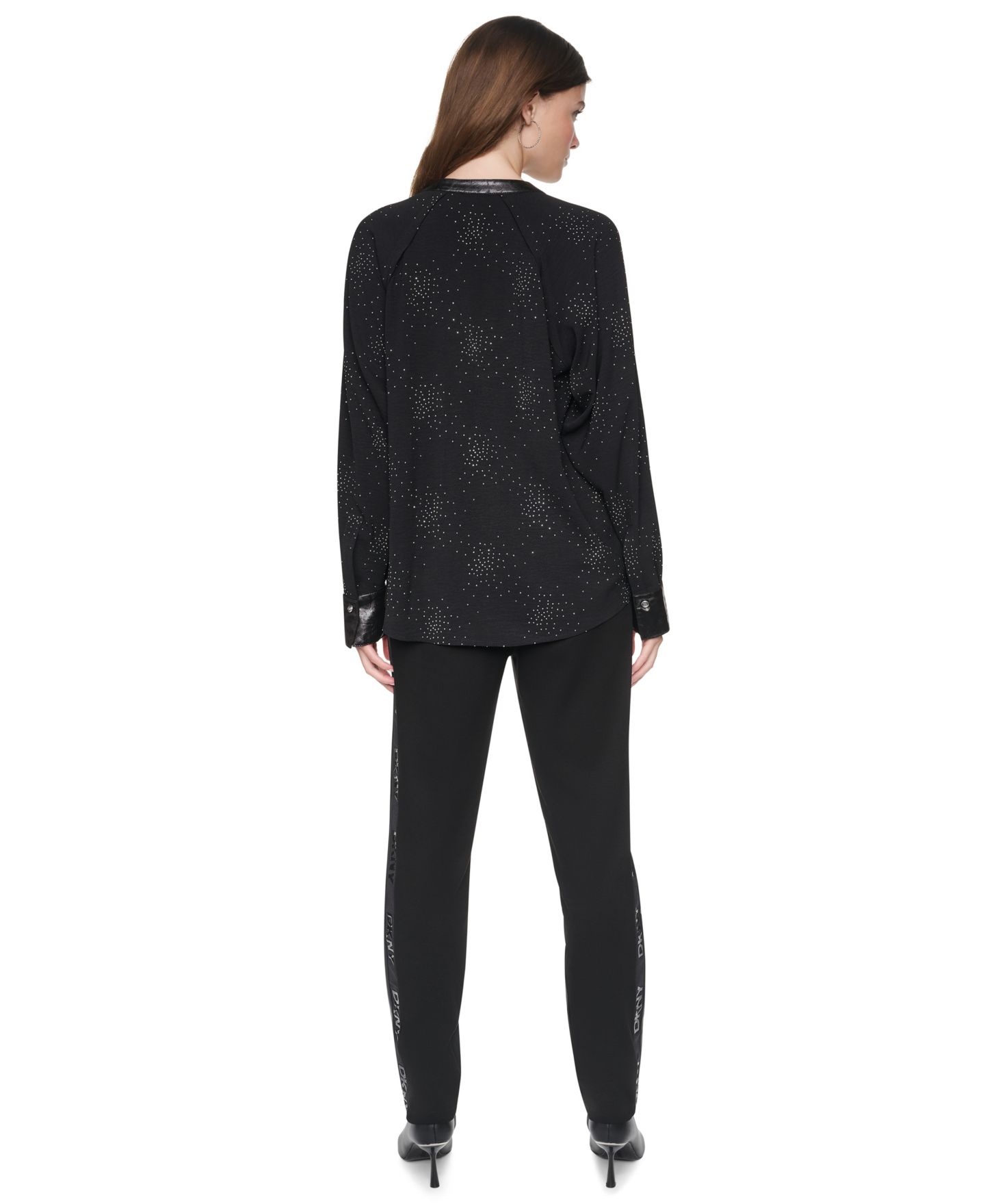 Женская блузка DKNY Firework Embellished Pleated Long-Sleeve, цвет: Чёрный — фото 5