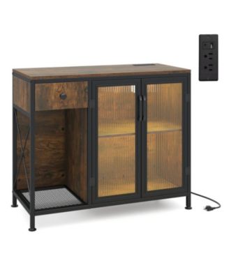 Buffet Sideboard Cabinet with Power Outlets LED Light and Metal Frame