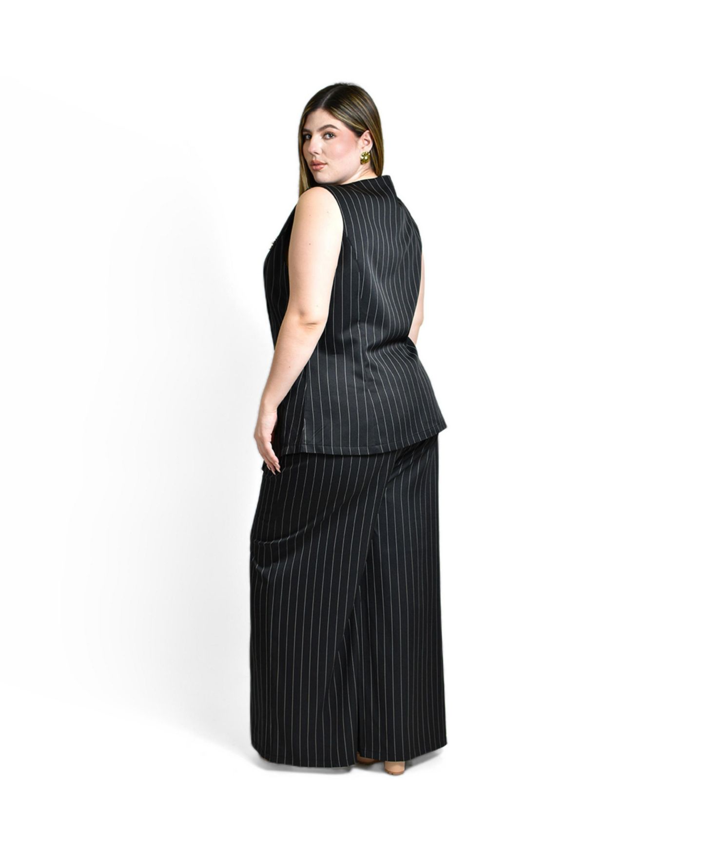 Женский комплект Roman Fashion Plus Size Vertical-Stripe Double-Breasted Wide-Leg Vest and Pants, 2-Piece Set, цвет: Чёрный — фото 3
