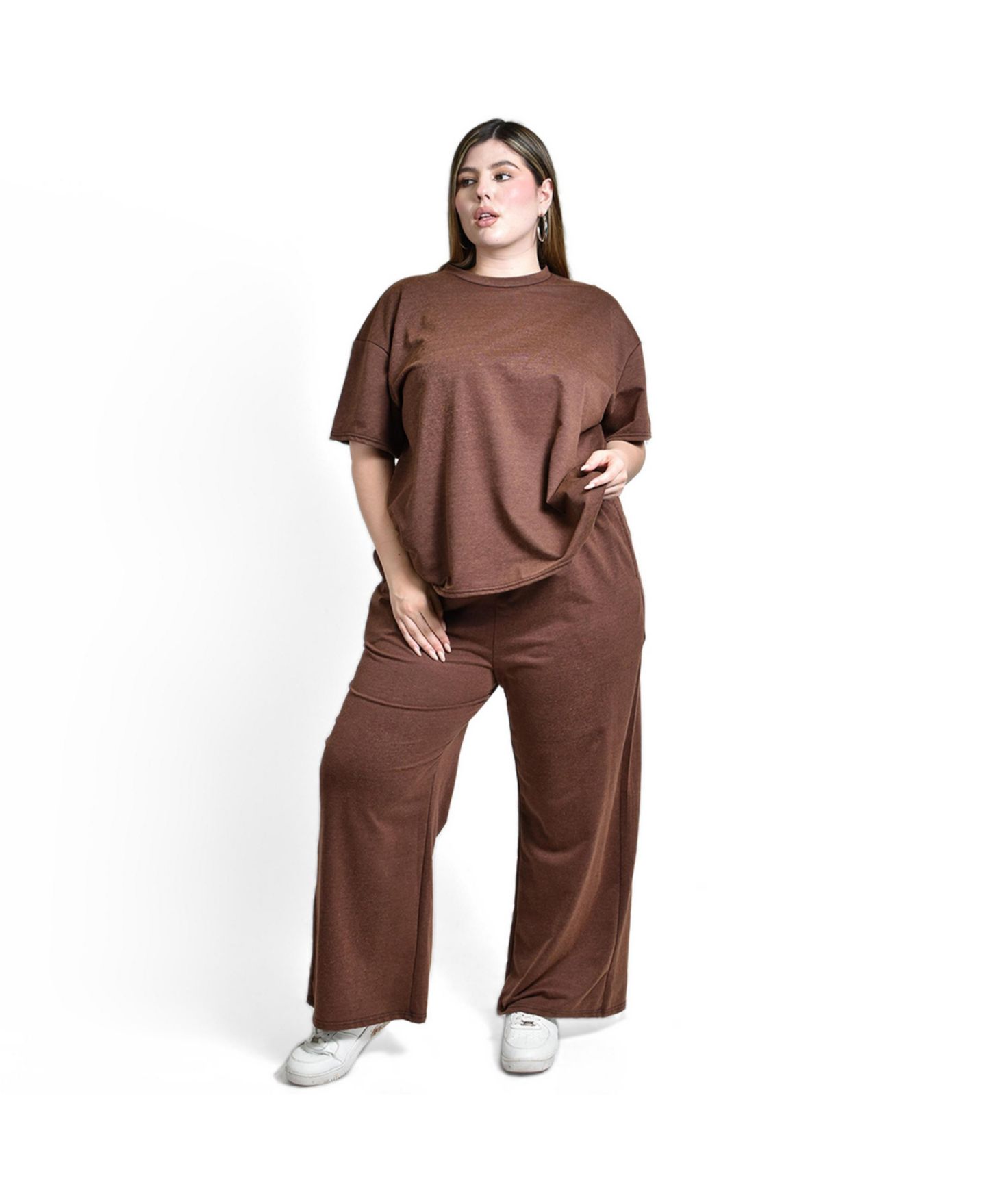 Женский комплект Roman Fashion Plus Size Casual Wide-Leg Blouse and Pants, 2-Piece Set, цвет: Коричневый — фото 1