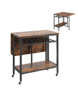 Folding Dining Table with Expandable Laptop with Wine Rack and Wheels Rustic