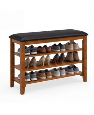 Shoe Rack Bench Rubber Wood Entryway Bench Adjustable Shelves and Soft Cushion
