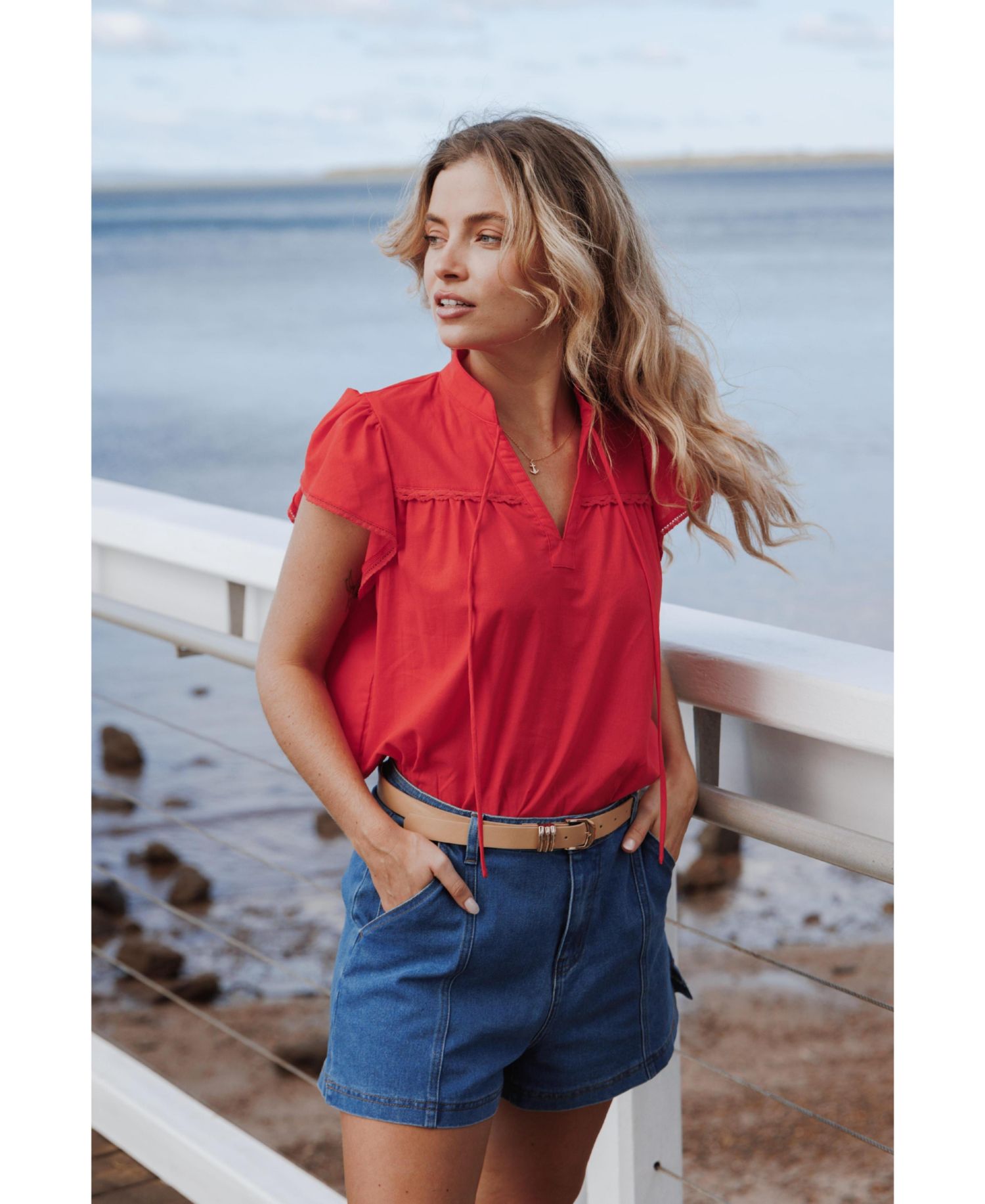Women's Kylie Cotton-Linen Blend V-Neck Flutter-Sleeve Top