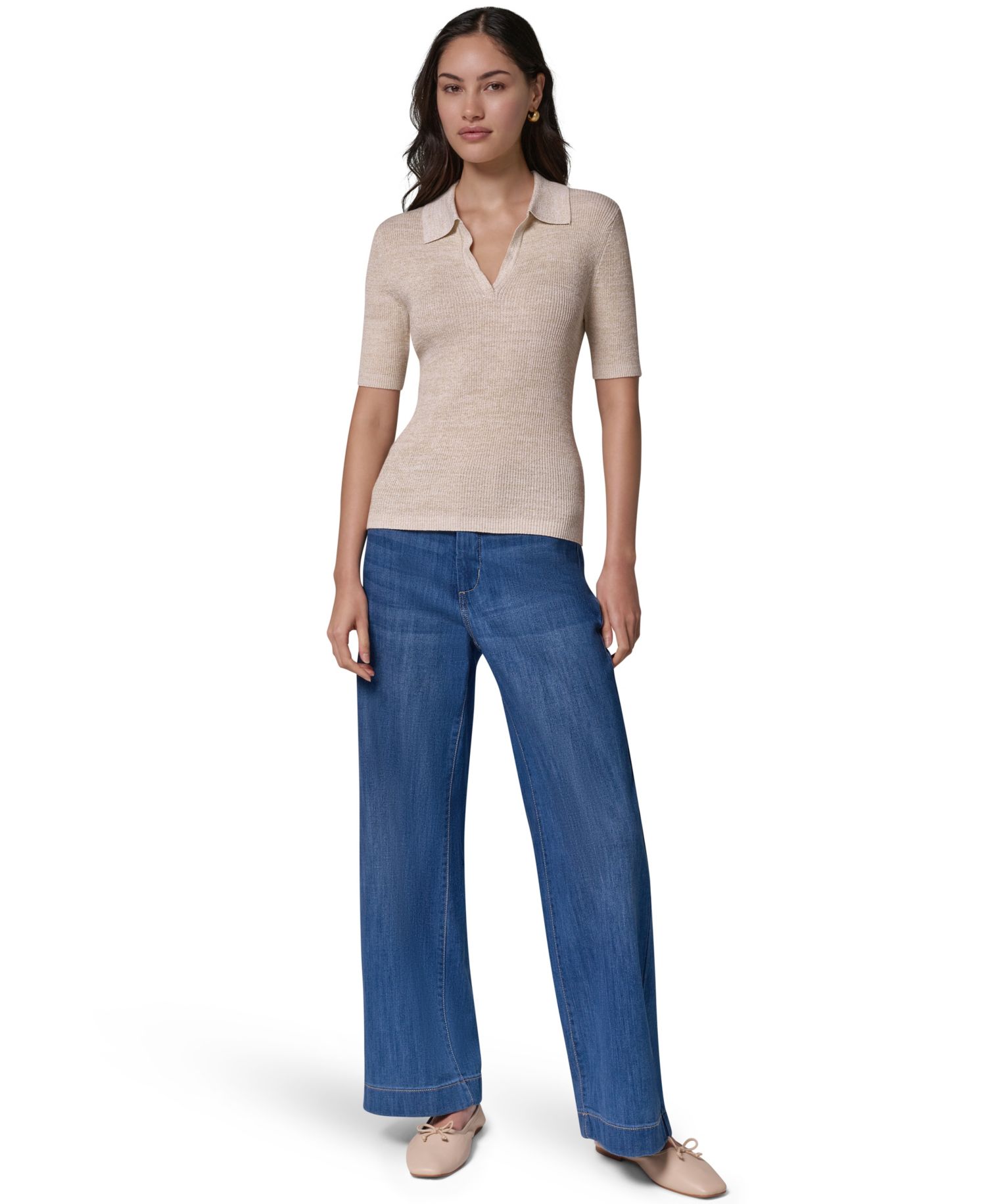 Women's Cotton Rib Elbow Sleeve Polo Sweater