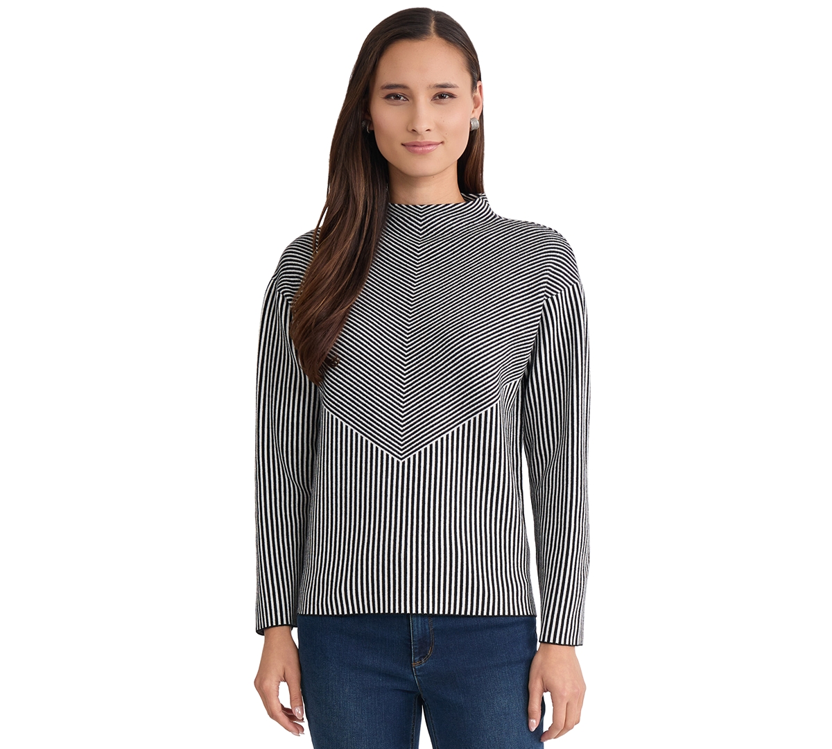 Jones New York Women's Striped Funnel Mock Neck Long-Sleeve Sweater - White Sand/Soft Gold