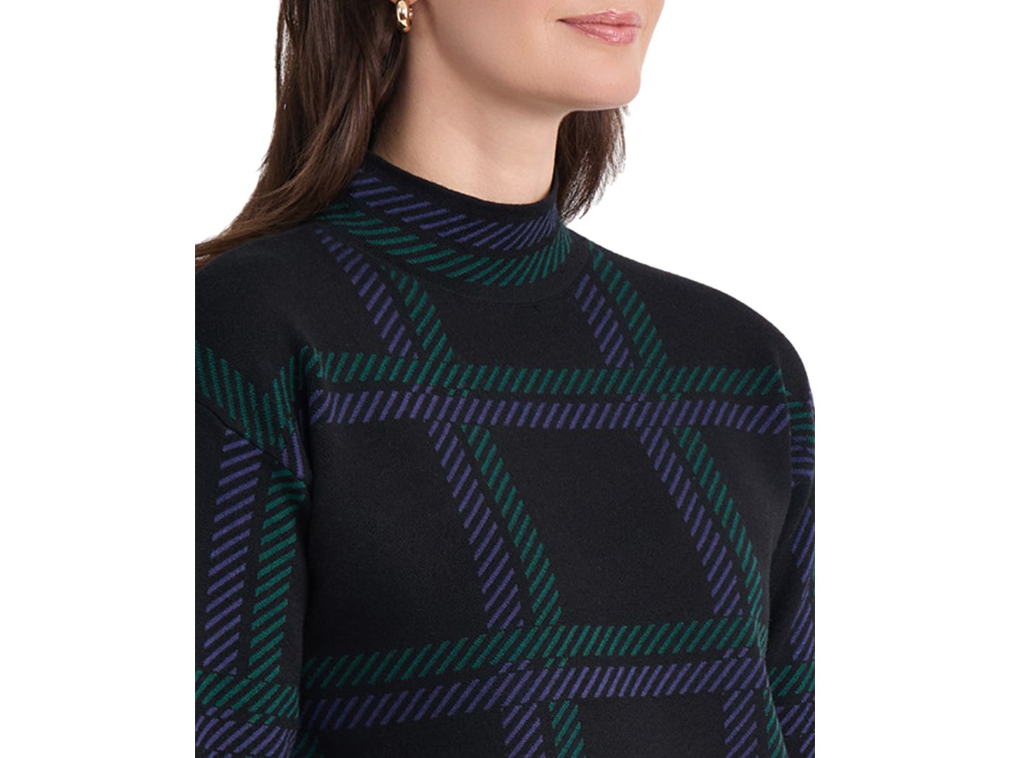 Женский свитер Jones New York Petite Mock Neck Plaid Long-Sleeve, цвет: Чёрный разноцветный — фото 7