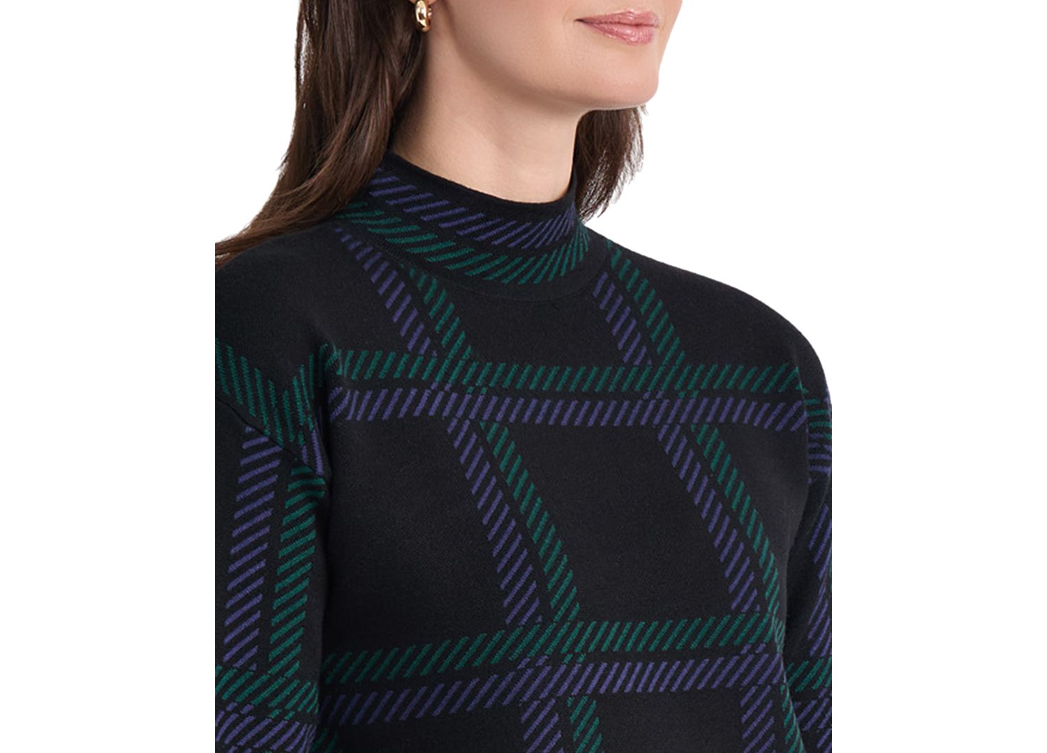 Petite Mock Neck Plaid Long-Sleeve Sweater