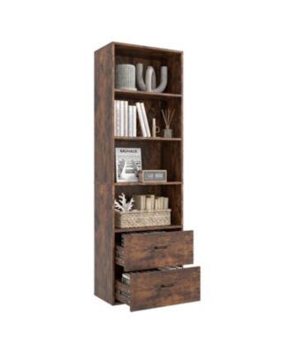 6 Tier Tall Freestanding Bookshelf with 4 Open Shelves and 2 Drawers