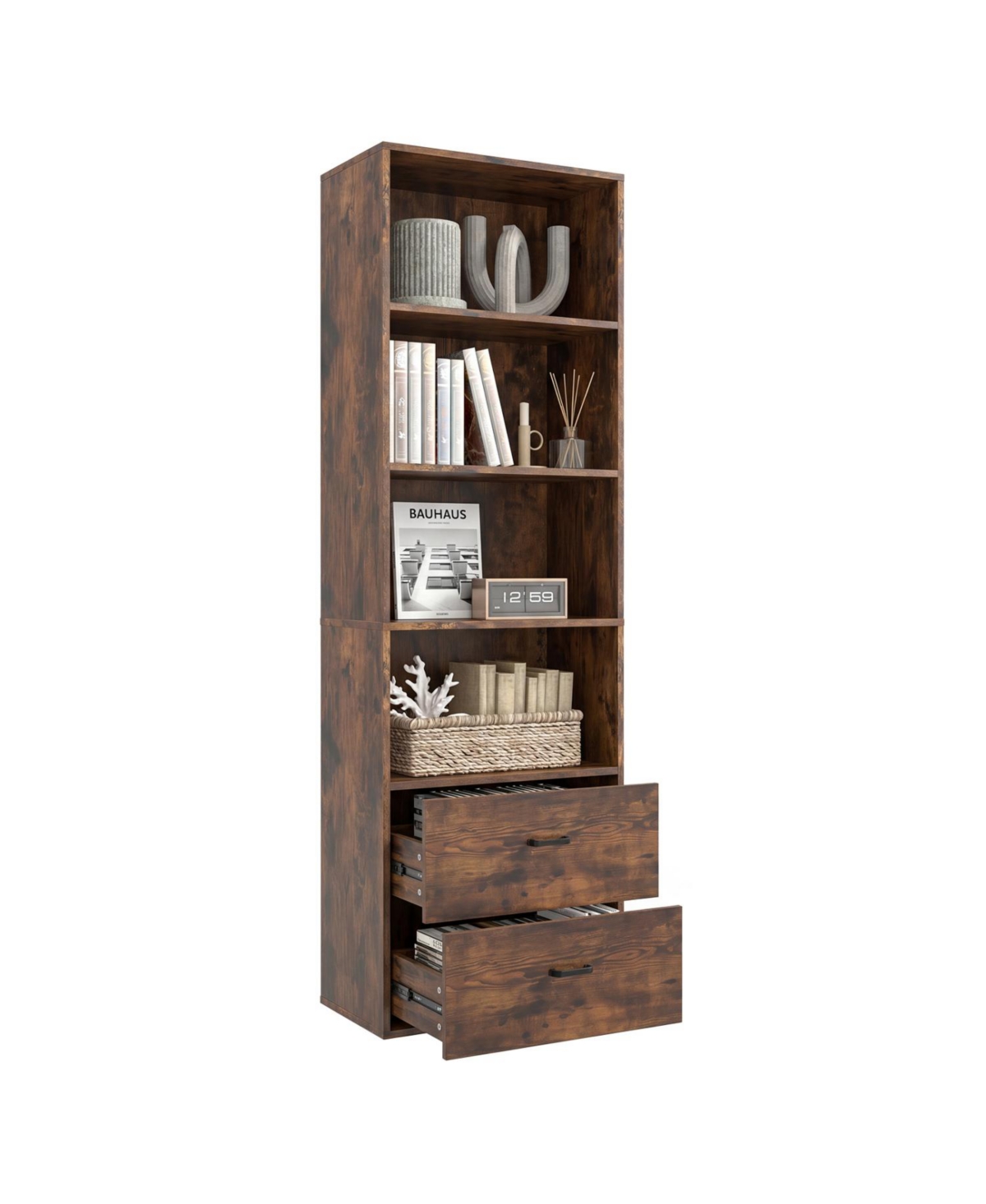 Mecale 6 Tier Tall Freestanding Bookshelf with 4 Open Shelves and 2 Drawers - Rustic brown