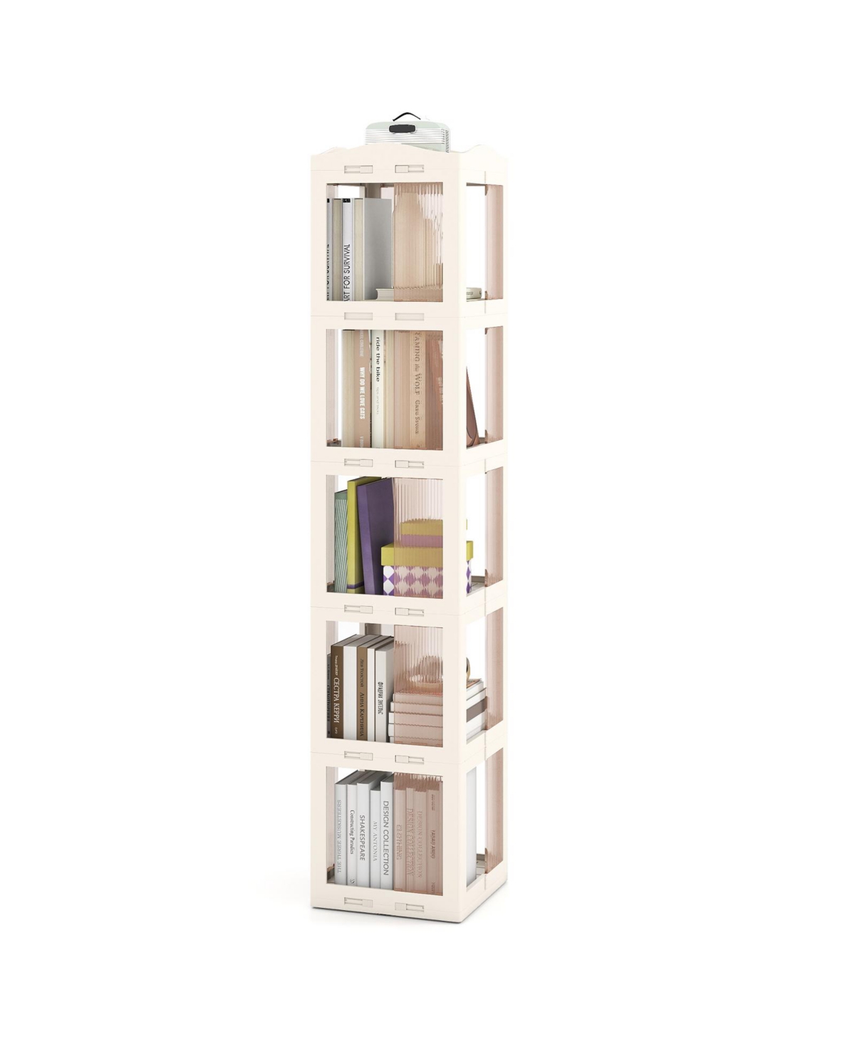 Mecale 5 Tier Foldable Rotating Bookshelf 360degree Spinning Bookcase with Swivel Base - White