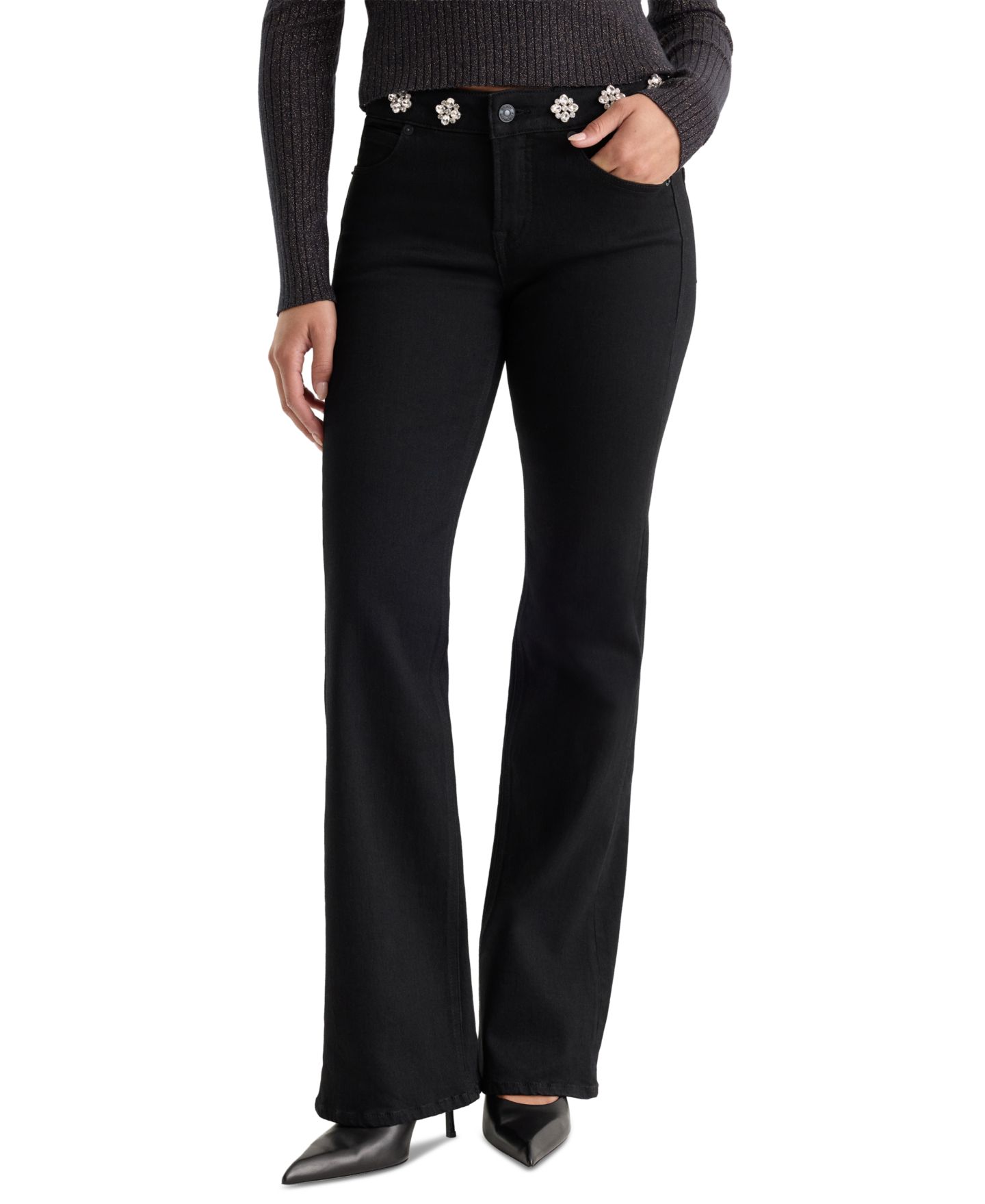 Женские джинсы Good American Good Low-Rise Embellished Bootcut, цвет: Чёрный — фото 1
