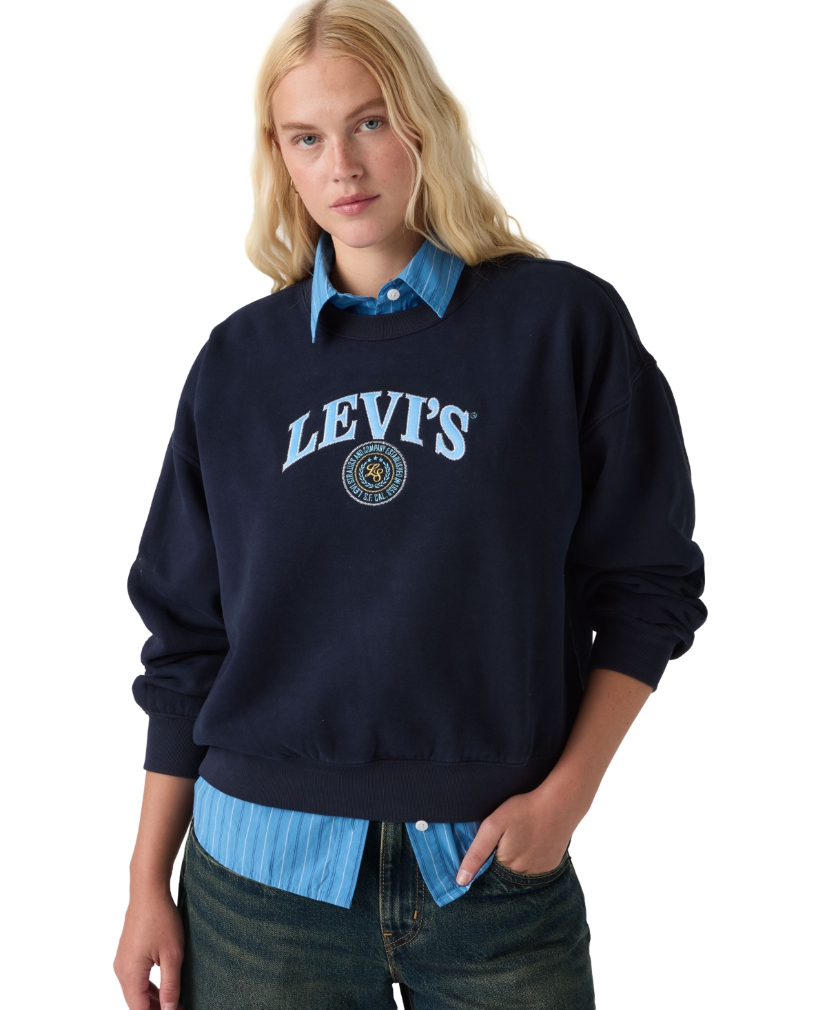 Levi's Women's Vintage Boxy Graphic Sweatshirt - Crew Satin Applique College Logo Gd Navy