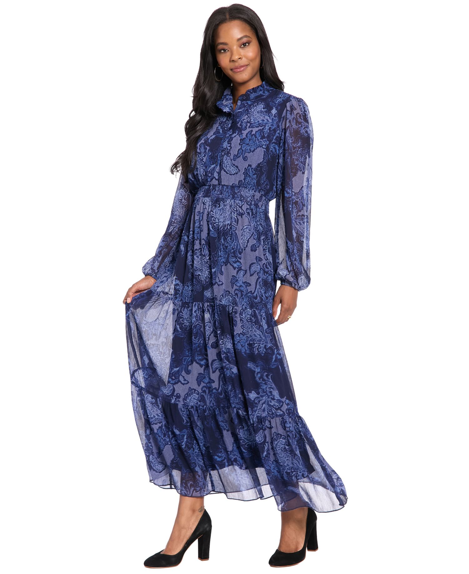 Women's Printed Tiered Mock Neck Maxi Dress
