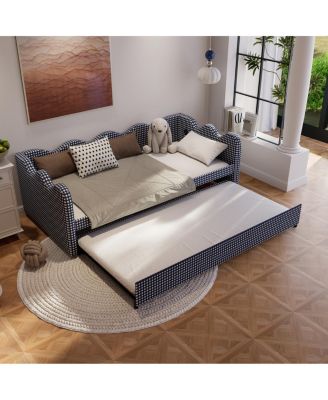  2-in-1 Convertible Plaid Fabric Sofa Bed with USB Port