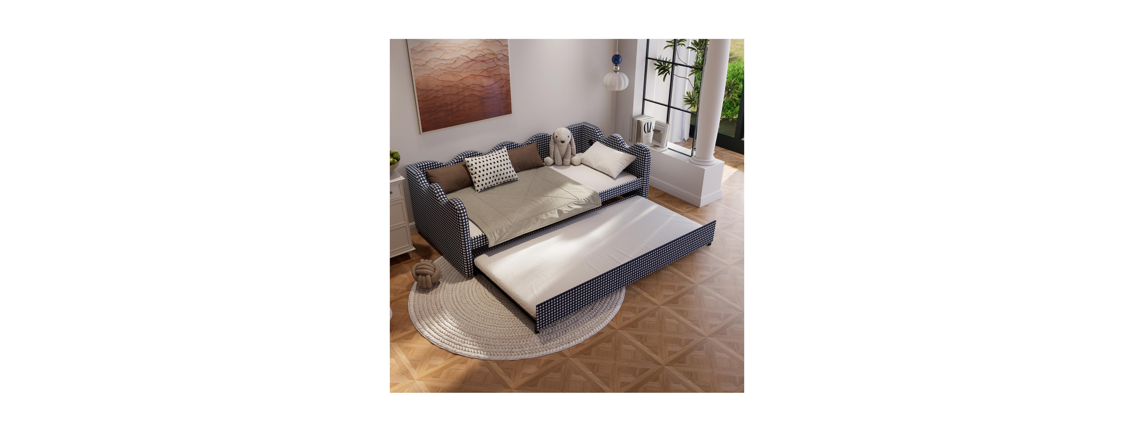 Streamdale Furniture 2-in-1 Convertible Plaid Fabric Sofa Bed with Usb Port