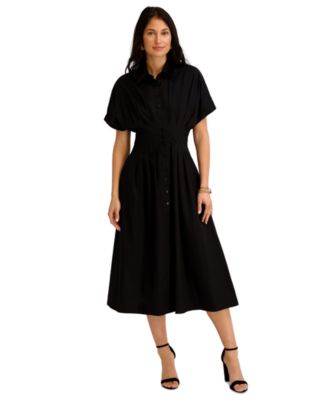 Women's Button-Front Cinched Waist Cotton Midi Shirt-Dress