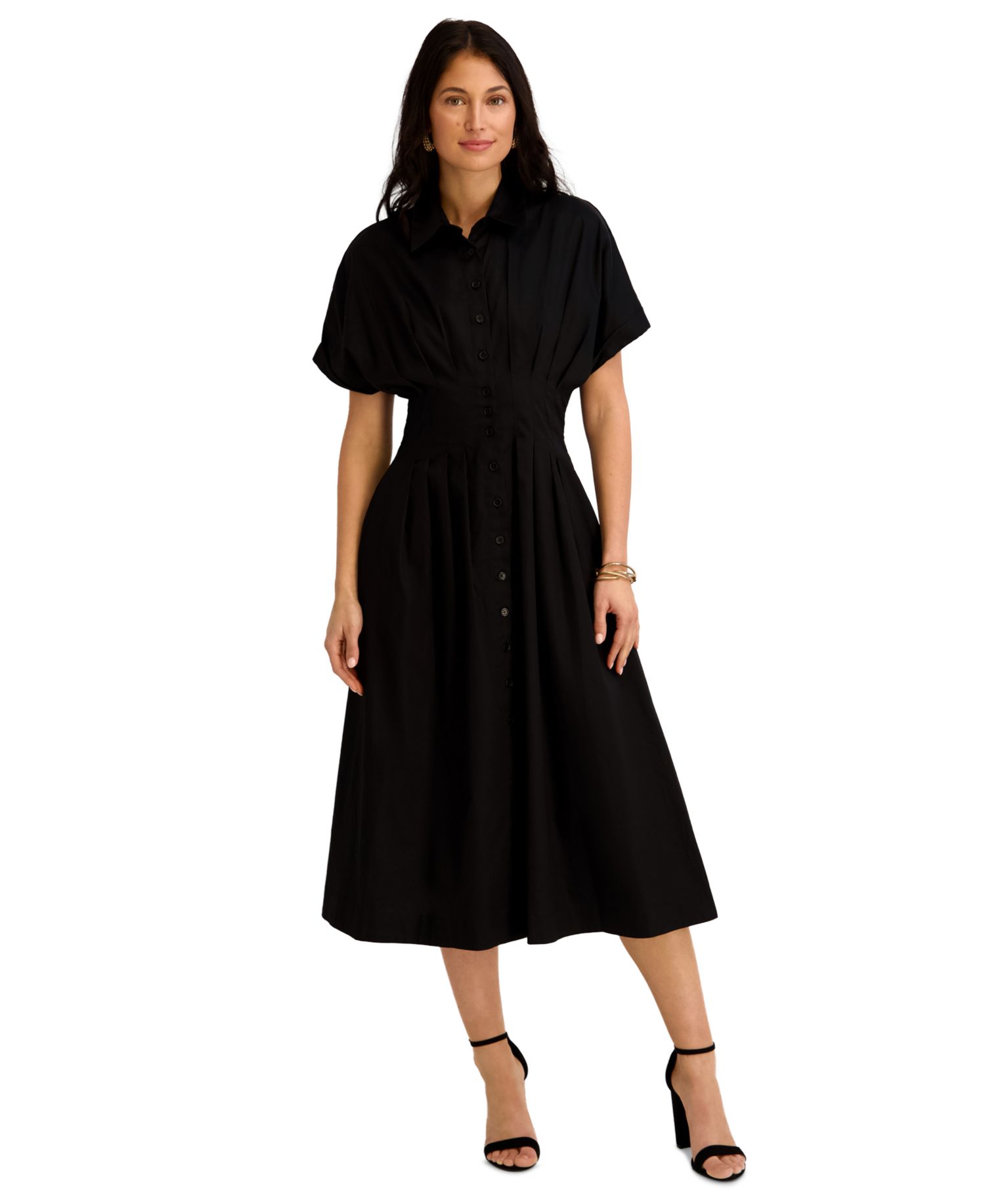 Women's Button-Front Cinched Waist Cotton Midi Shirt-Dress