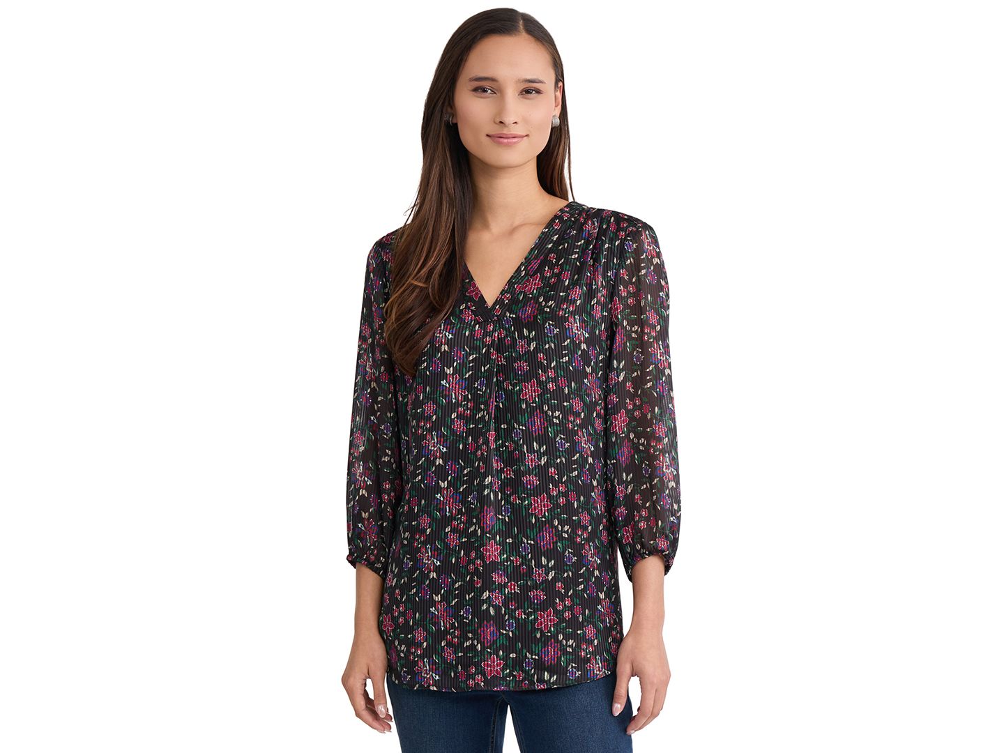 Женский топ Jones New York Petite 3/4-Sleeve Floral V-Neck Tunic, цвет: Чёрный — фото 1