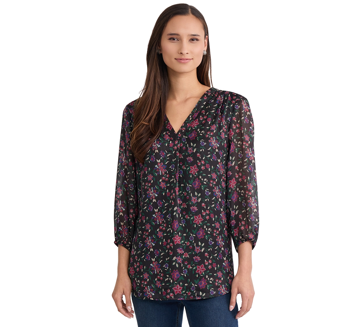 Jones New York Women's 3/4-Sleeve Floral V-Neck Tunic - Black