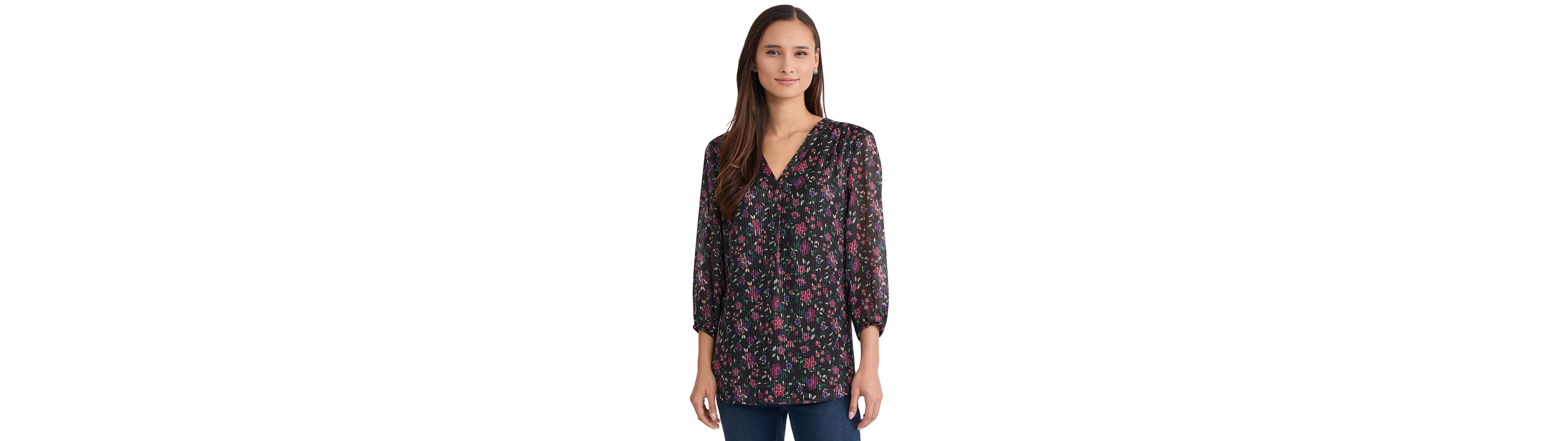 Jones New York Women's 3/4-Sleeve Floral V-Neck Tunic