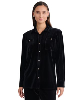 Petite Long-Sleeve Button-Down Velvet Tunic