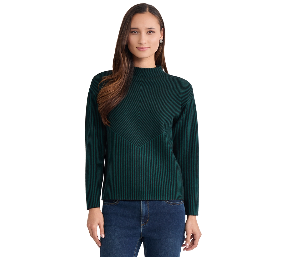 Jones New York Women's Striped Funnel Mock Neck Long-Sleeve Sweater - Dark Forest Green