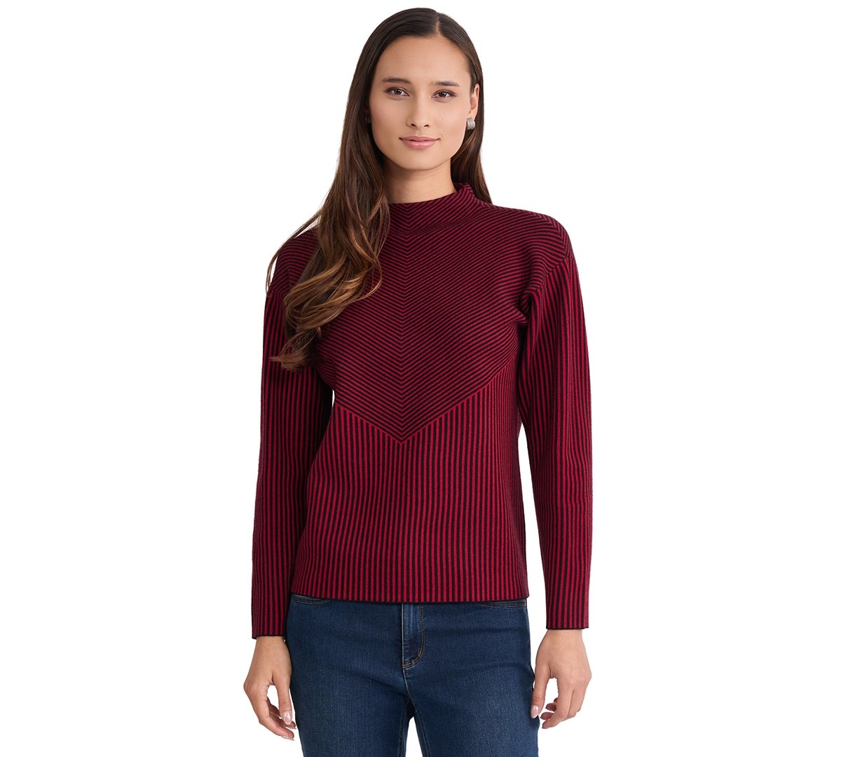 Jones New York Women's Striped Funnel Mock Neck Long-Sleeve Sweater - Venetian Red/Black