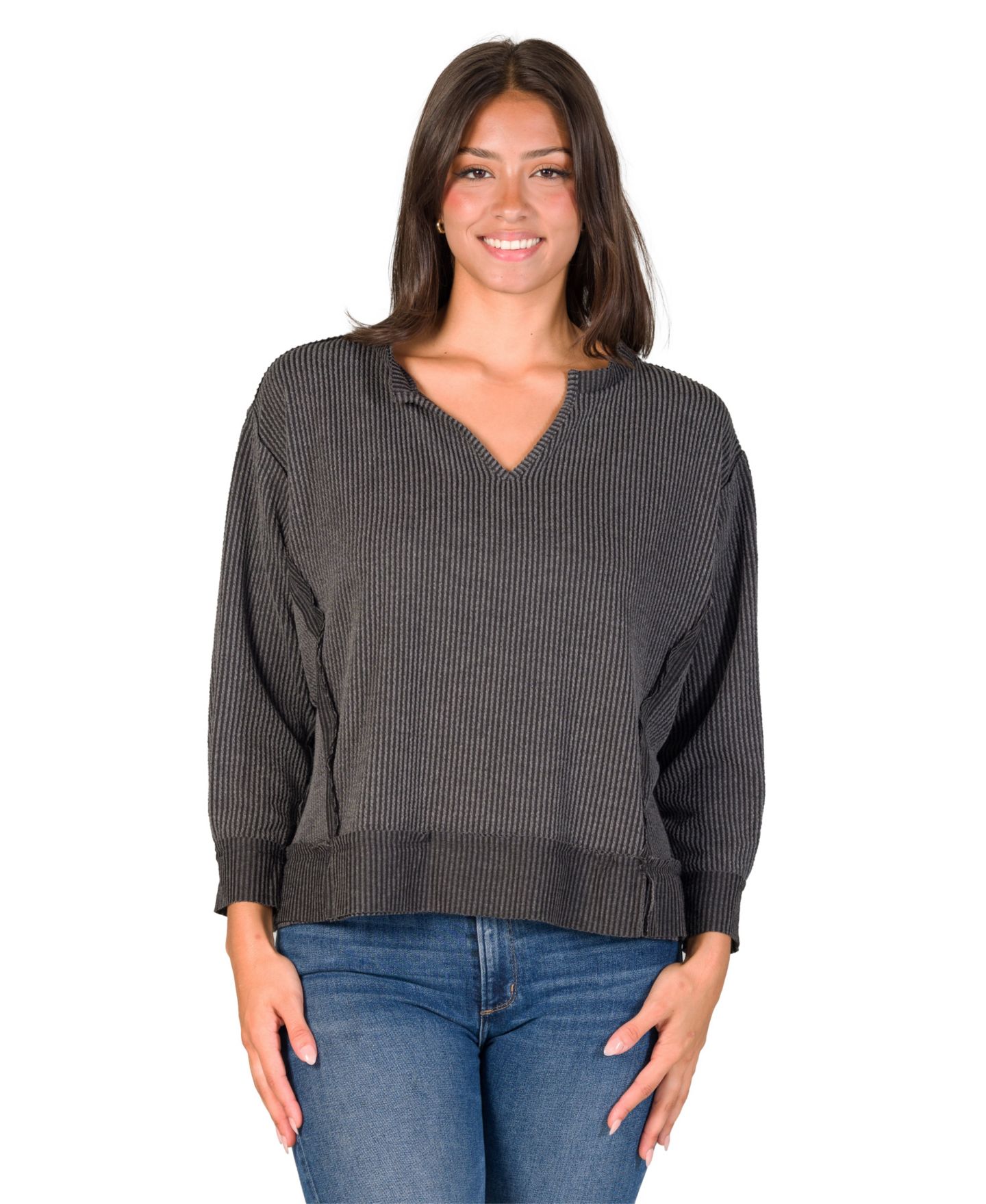 Женский топ 24seven Comfort Apparel Ribbed-Knit V-Neck Long-Sleeve, цвет: Чёрный — фото 1