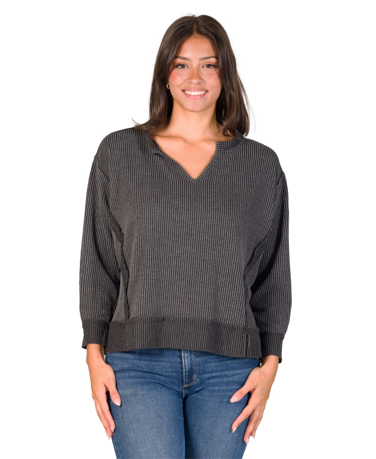 24seven Comfort Apparel Women's Ribbed-Knit V-Neck Long-Sleeve Top