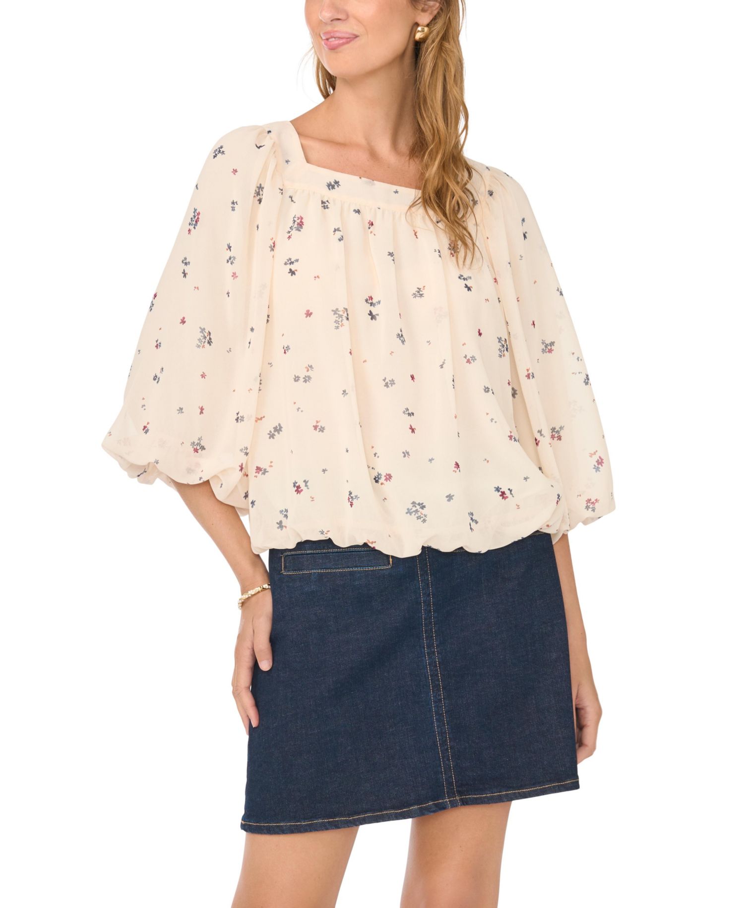 Women's Square Neck Floral 3/4-Sleeve Blouse