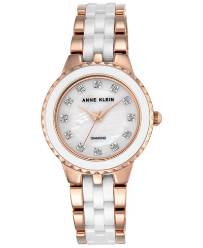 Anne Klein Women's Diamond Accent White Ceramic & Rose Gold-Tone Bracelet Watch 34mm AK-2712WTRG