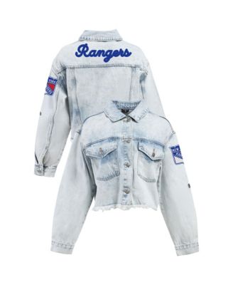 Women's Denim New York Rangers Chenille Raw Edge Cropped Full-Button Jean Jacket