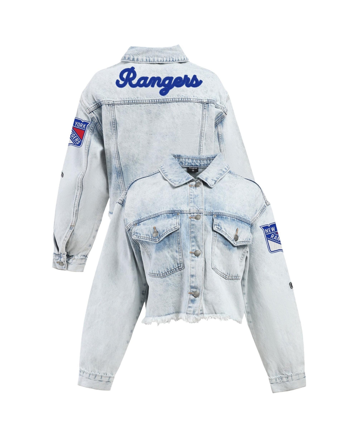 Hype And Vice Women's New York Rangers Cropped Raw-Edge Denim Jacket