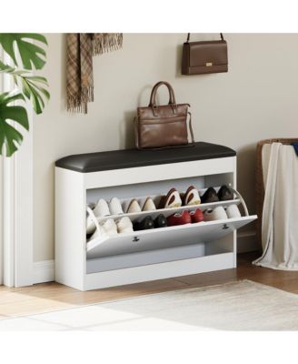 31.5" Entryway Shoe Bench, Modern Shoe Storage Cabinet with Turn Over Drawer and PU Cushion Seat, for Hallway