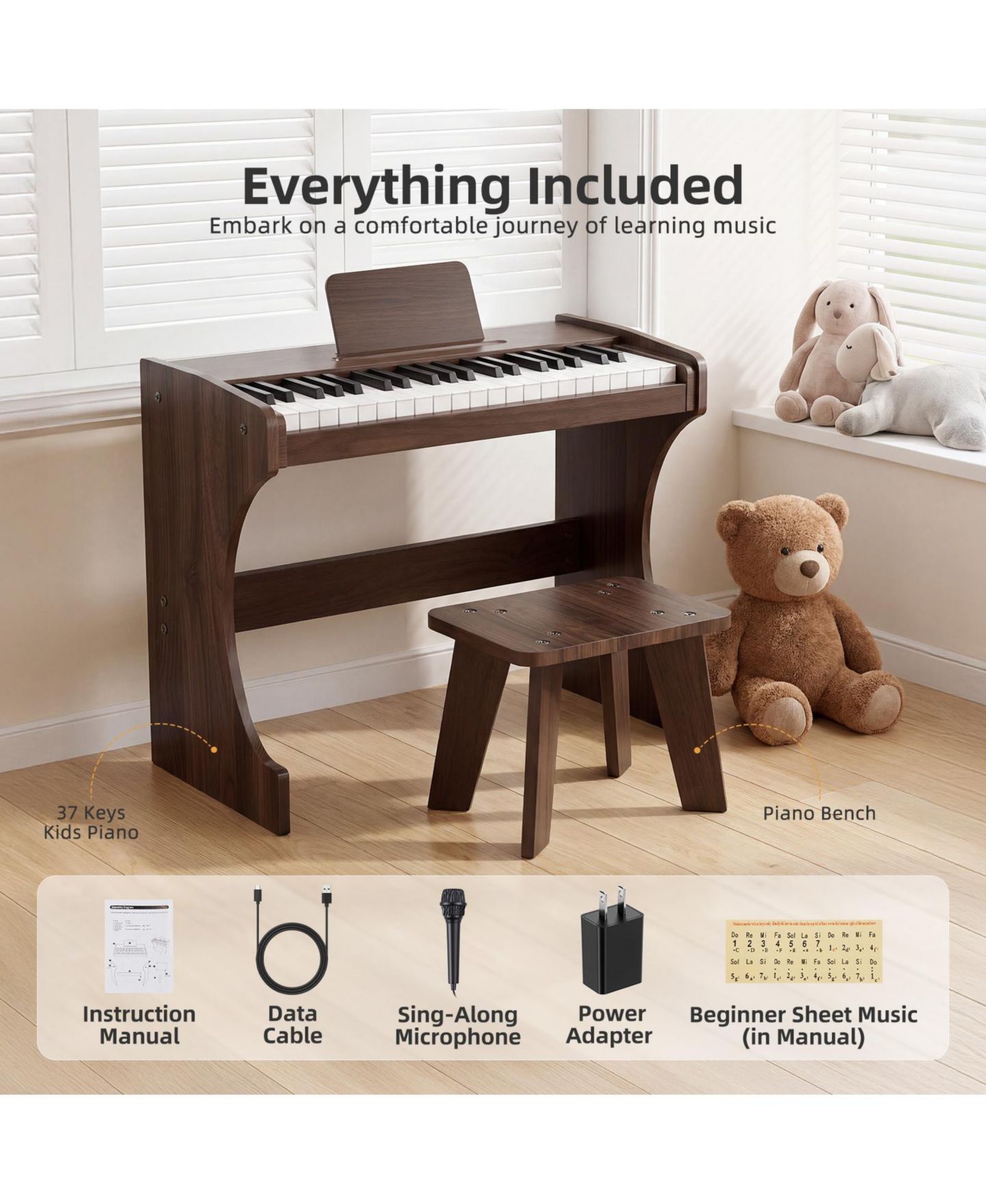 Детские игрушки SUGIFT 37-Key Wood-Grain Kids Piano with Bench, 2-Piece Set, Ages 3+, цвет: Коричневый — фото 8
