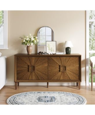 60" Farmhouse Sunburst TV Stand, Rustic Credenza with Adjustable Shelves Heavy Duty Storage Cabinet