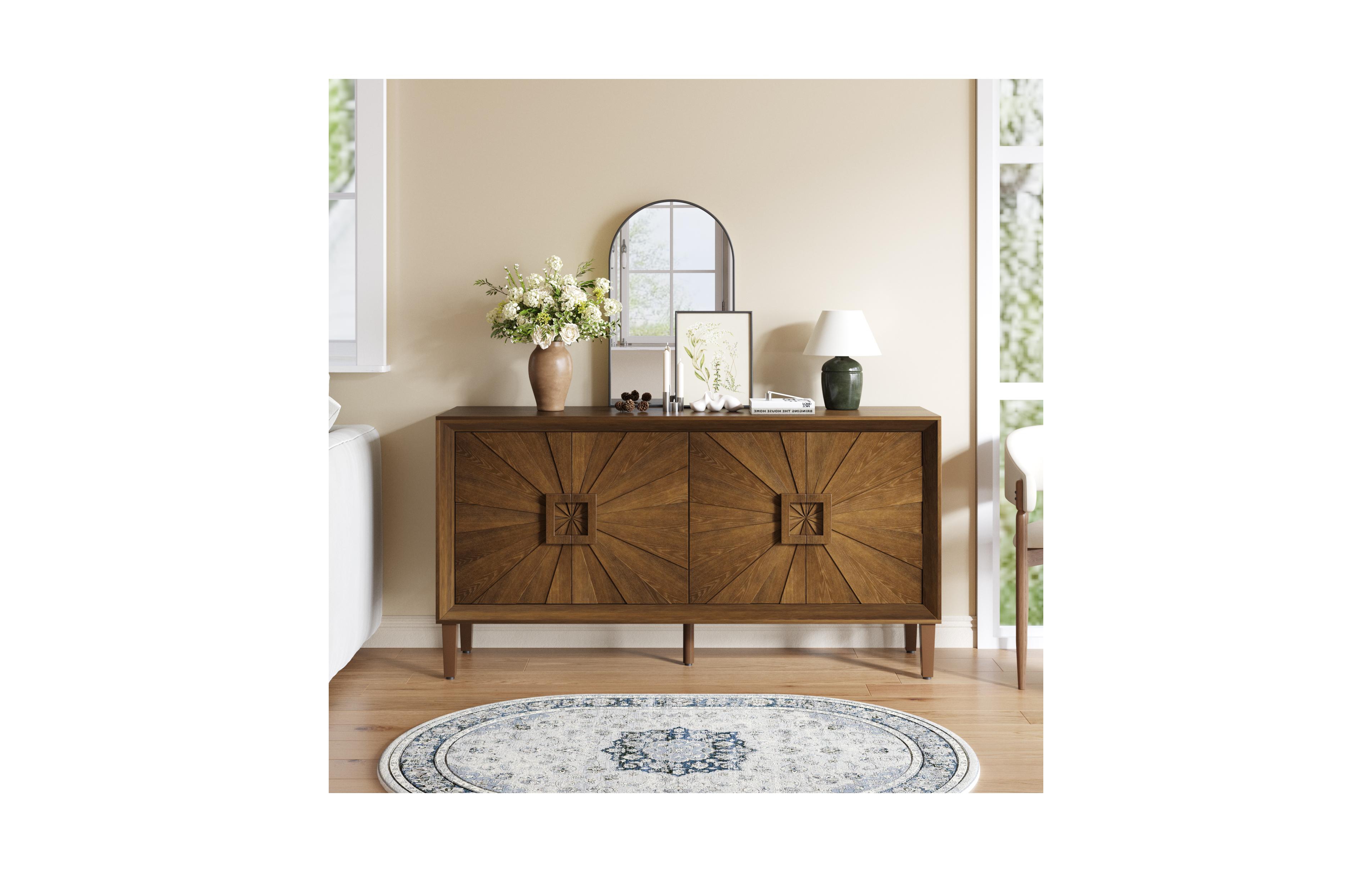 Clihome 60" Farmhouse Sunburst Tv Stand, Rustic Credenza with Adjustable Shelves Heavy Duty Storage Cabinet